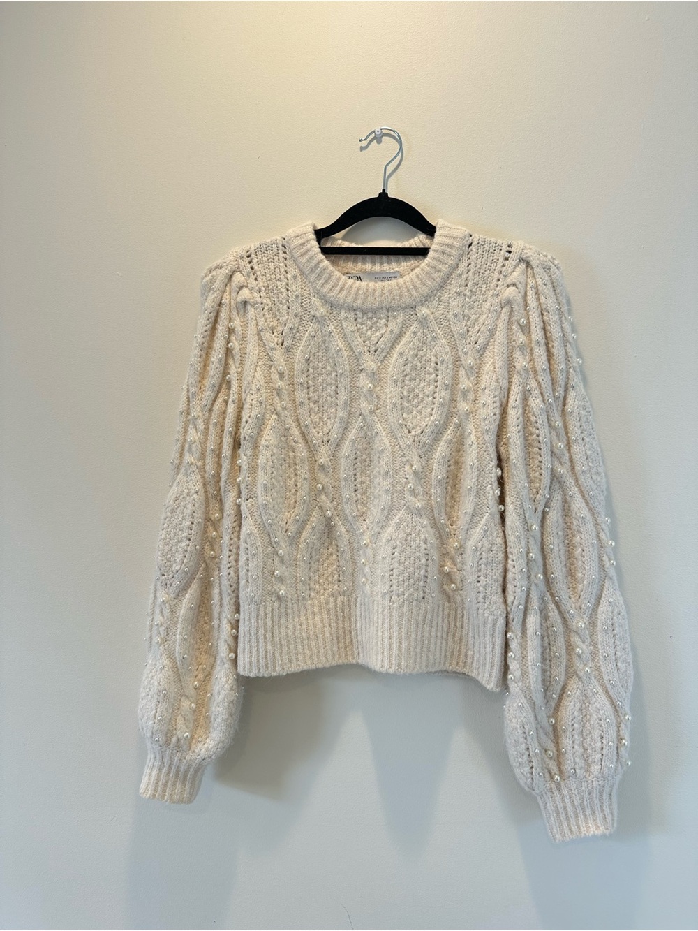 Zara Pearl Embellished Cable Knit Sweater S